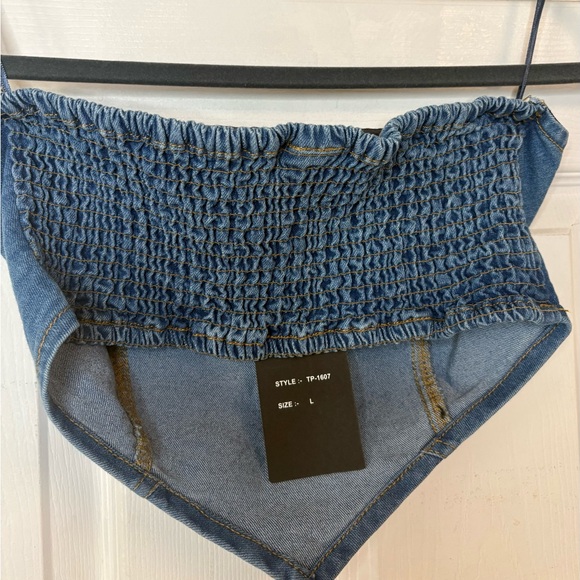 Denim Strapless Bandana Crop Top - Blue - Picture 7 of 9